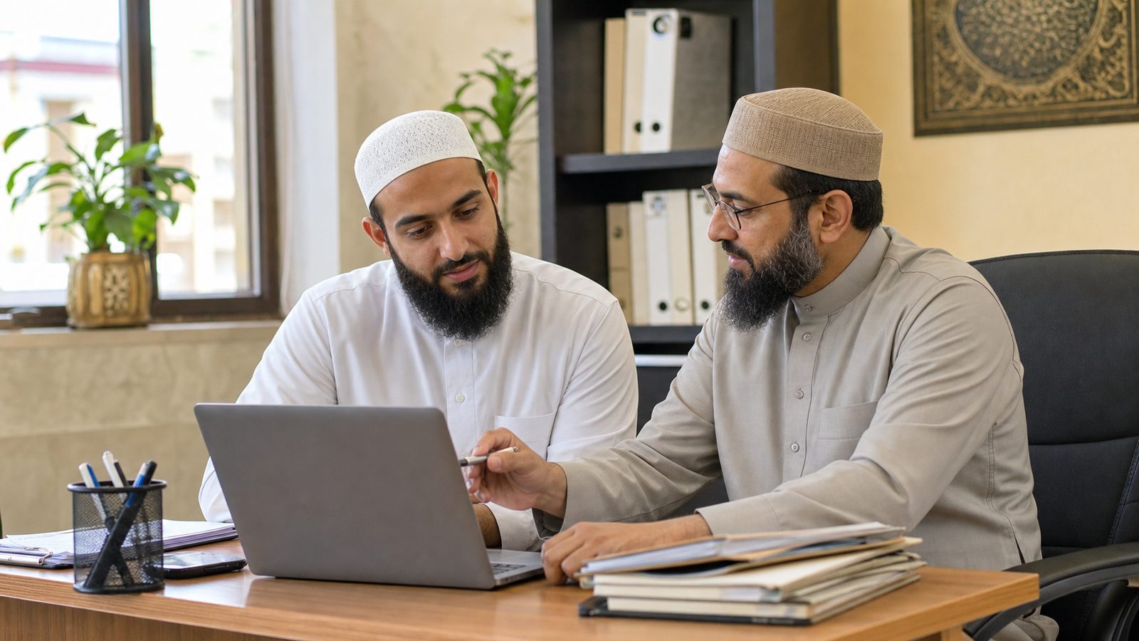 Masjid staff review contributor records together in a private office