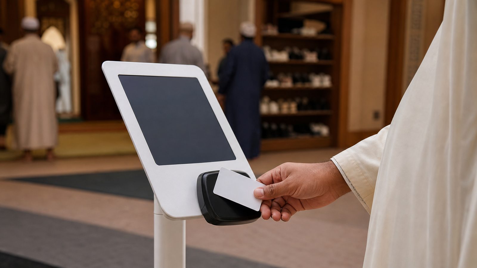 A hand taps a card at a tablet sadaqah kiosk in a masjid entrance hall