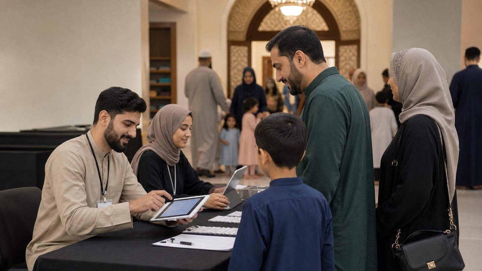 Volunteers use a tablet to check in families for a masjid program
