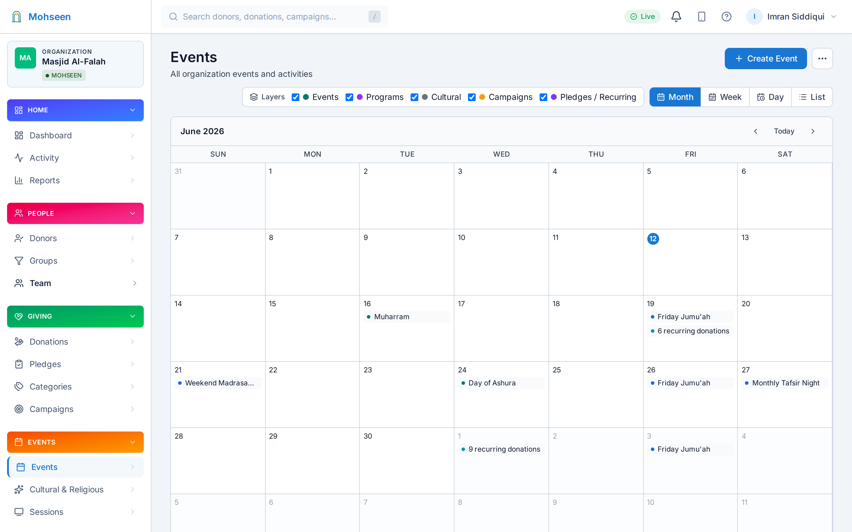 Events — classes, iftars, and Eid events with RSVP