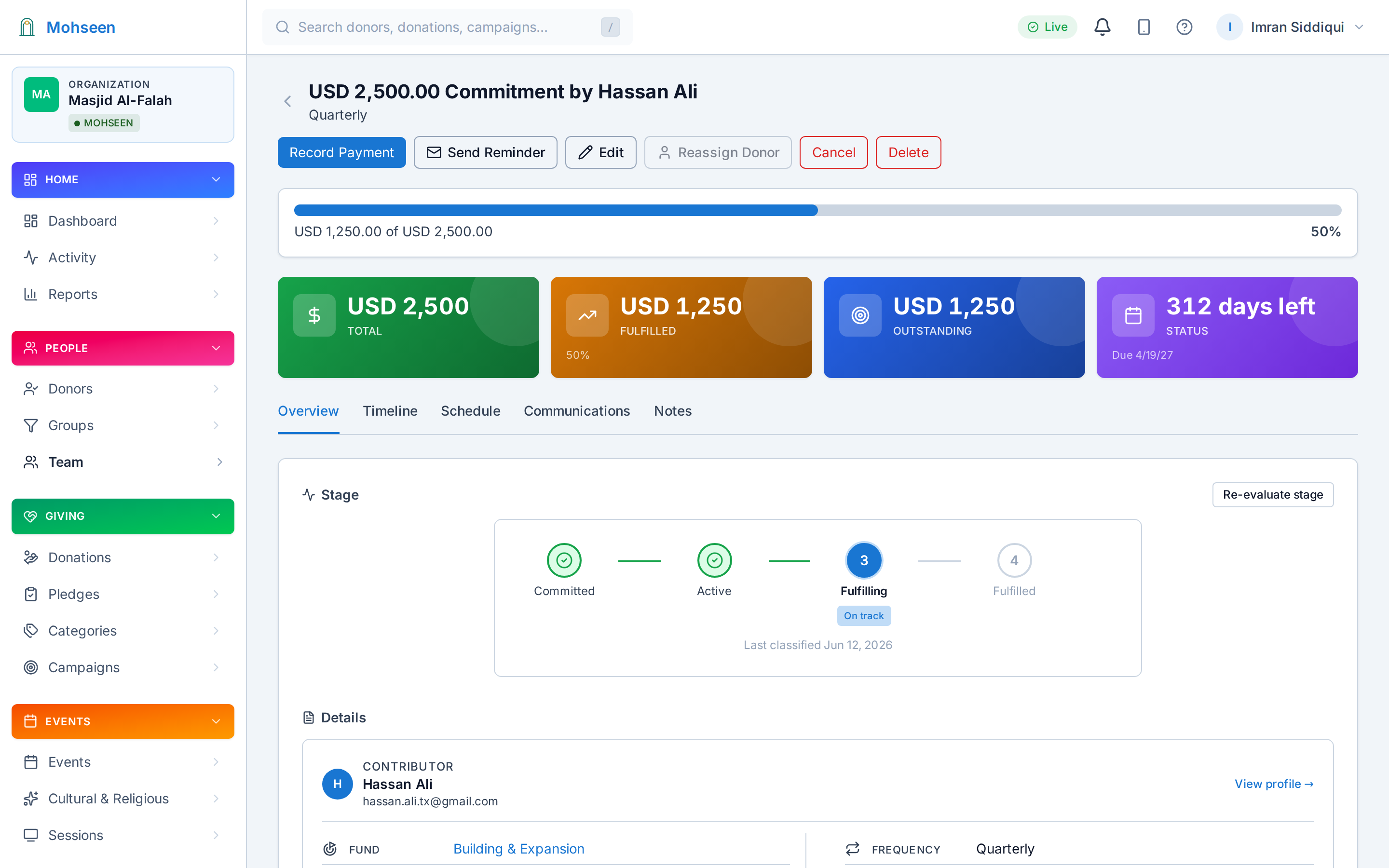 Commitment detail with fulfillment tracking
