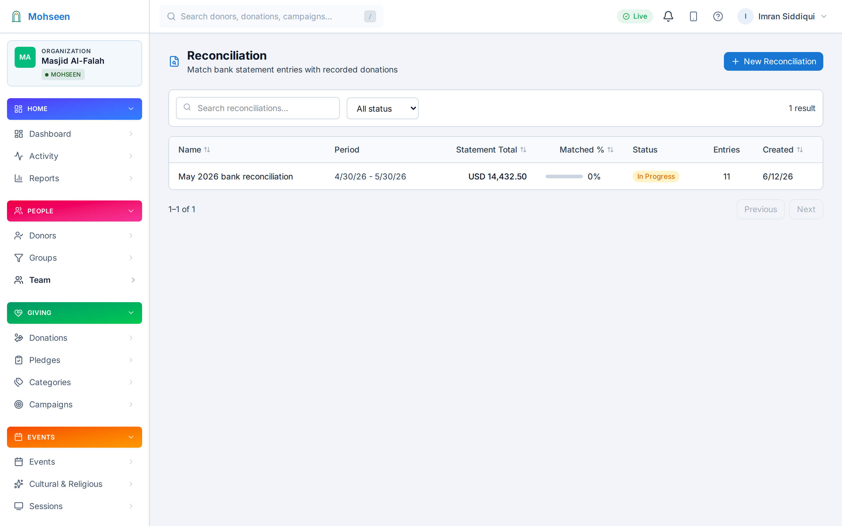 Bank-statement reconciliation screen