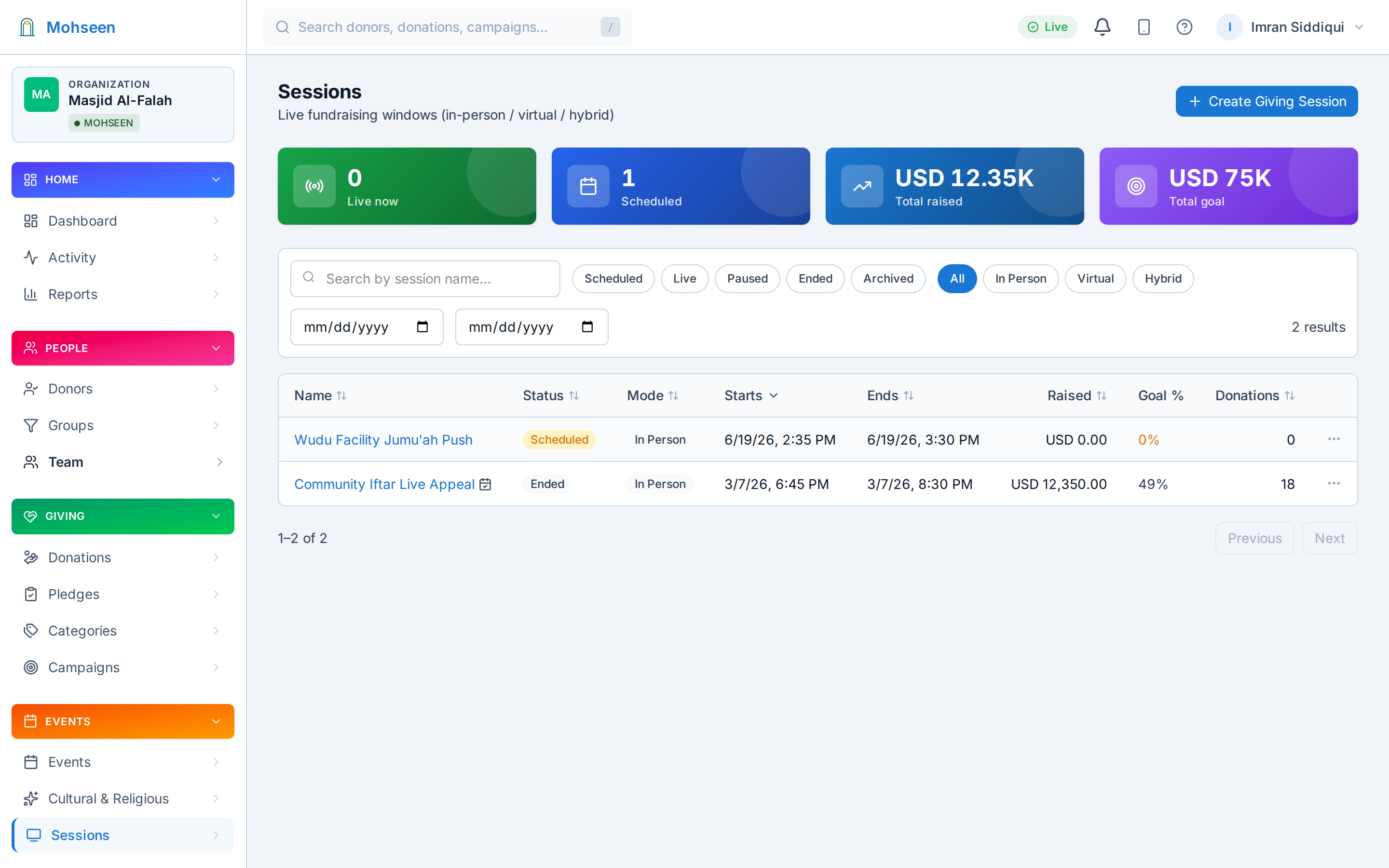 Dashboard list of live appeals with status, totals, and codes