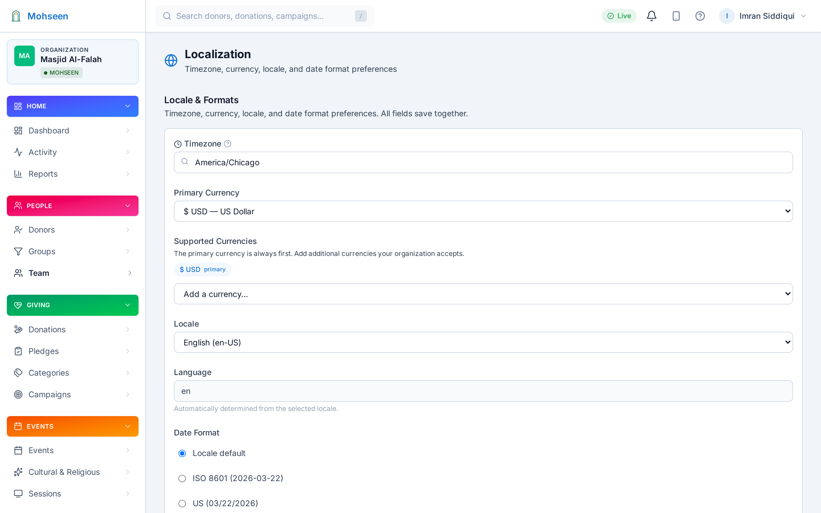 Localization settings for country, currency, and language