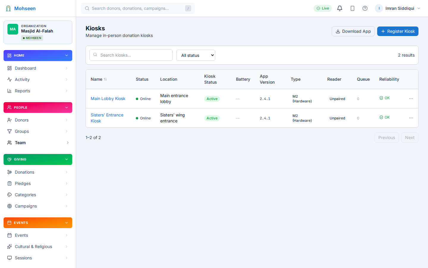 Admin dashboard showing kiosk health, reader status, and offline queue